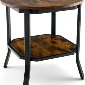 Round Side Table, 2-Tier Industrial Sofa End Table Accent Nightstand with Storage Shelf