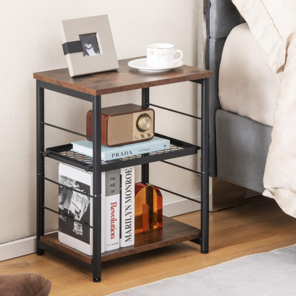 Sofa Side Table, 3-Tier Industrial Nightstand Bedside End Table Record Player Stand with 4-Level Adjustable Mesh Shelf - Image 6