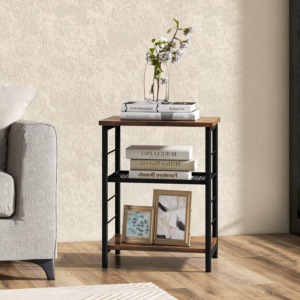 Sofa Side Table, 3-Tier Industrial Nightstand Bedside End Table Record Player Stand with 4-Level Adjustable Mesh Shelf