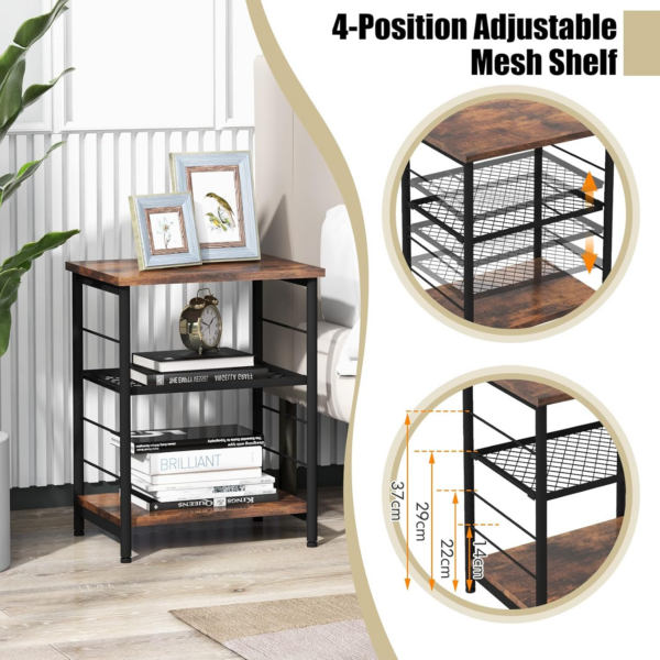 Sofa Side Table, 3-Tier Industrial Nightstand Bedside End Table Record Player Stand with 4-Level Adjustable Mesh Shelf - Image 4