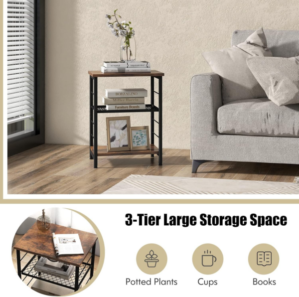 Sofa Side Table, 3-Tier Industrial Nightstand Bedside End Table Record Player Stand with 4-Level Adjustable Mesh Shelf - Image 3