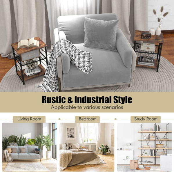 Sofa Side Table, 3-Tier Industrial Nightstand Bedside End Table Record Player Stand with 4-Level Adjustable Mesh Shelf - Image 2