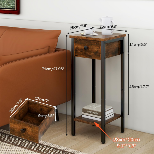 Slim Bedside Table Set of 2, Narrow Nightstand with Drawer, Telephone Table for Small Spaces, 25x25x70cm - Image 5