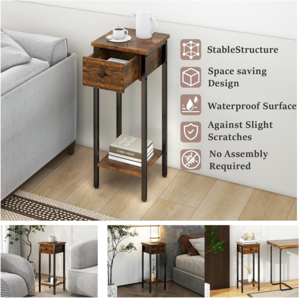 Slim Bedside Table Set of 2, Narrow Nightstand with Drawer, Telephone Table for Small Spaces, 25x25x70cm - Image 4