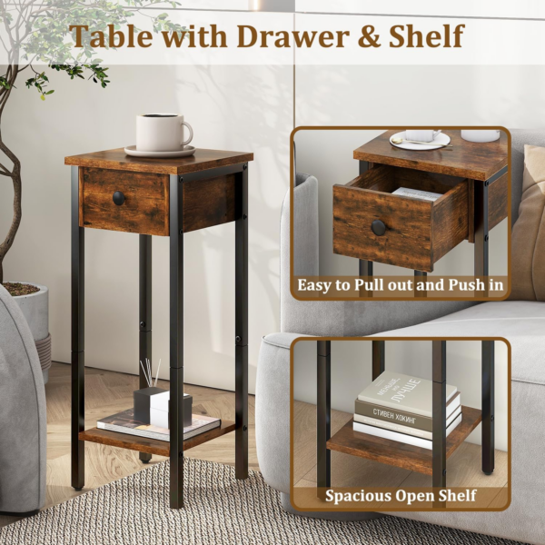 Slim Bedside Table Set of 2, Narrow Nightstand with Drawer, Telephone Table for Small Spaces, 25x25x70cm - Image 3