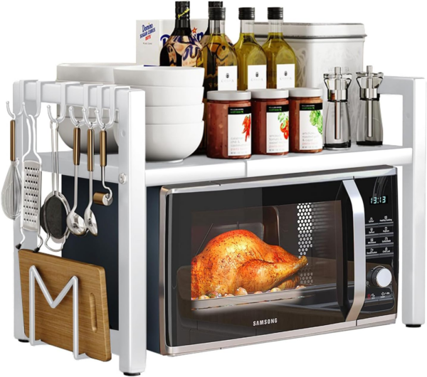 Expandable Microwave Oven Rack 2 Tier microwave shelf, Adjustable Carbon Steel Microwave Shelf,with 6 hooks Kitchen Counter Organizer Shelf Stand,Pot Pan Grill Storage Racks, Width 40-64cm white - Image 6