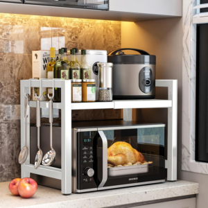 Expandable Microwave Oven Rack 2 Tier microwave shelf, Adjustable Carbon Steel Microwave Shelf,with 6 hooks Kitchen Counter Organizer Shelf Stand,Pot Pan Grill Storage Racks, Width 40-64cm white