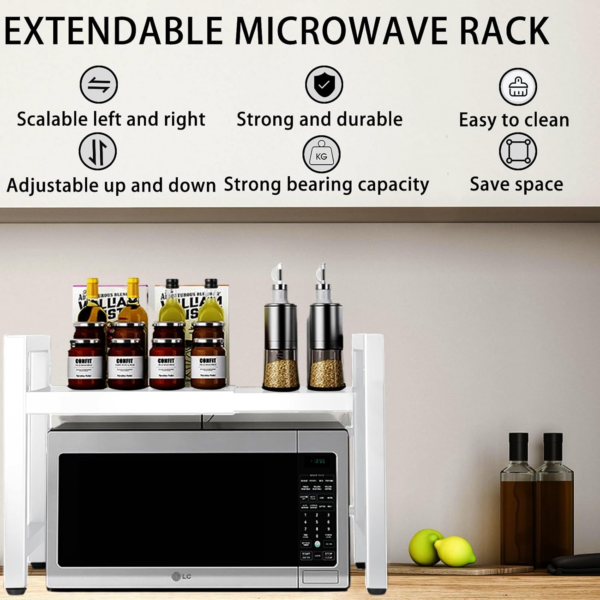 Expandable Microwave Oven Rack 2 Tier microwave shelf, Adjustable Carbon Steel Microwave Shelf,with 6 hooks Kitchen Counter Organizer Shelf Stand,Pot Pan Grill Storage Racks, Width 40-64cm white - Image 4