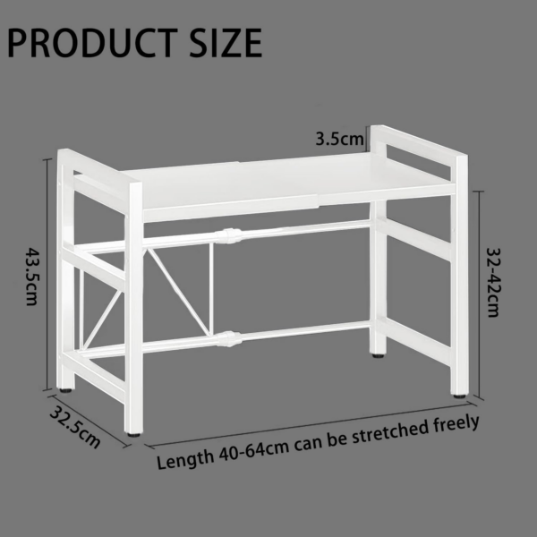 Expandable Microwave Oven Rack 2 Tier microwave shelf, Adjustable Carbon Steel Microwave Shelf,with 6 hooks Kitchen Counter Organizer Shelf Stand,Pot Pan Grill Storage Racks, Width 40-64cm white - Image 2