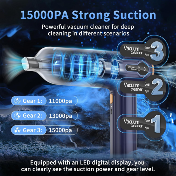 Handheld Car Vacuum Cleaner, 15000Pa Powerful Vacuum Cleaner Cordless, 3 in 1 Lightweight Vacuum & Blower Dust Buster - Image 7