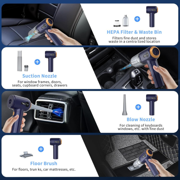 Handheld Car Vacuum Cleaner, 15000Pa Powerful Vacuum Cleaner Cordless, 3 in 1 Lightweight Vacuum & Blower Dust Buster - Image 6