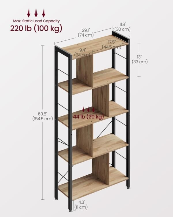 Bookshelf, Large 5-Tier Bookcase, Floor standing Storage Shelf, Industrial Style, Steel for Living Room - Image 6