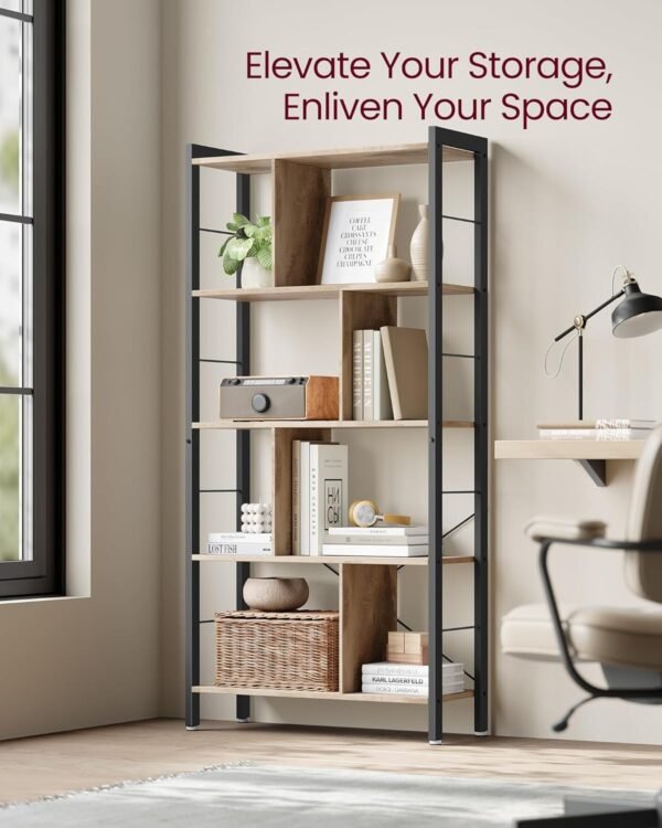 Bookshelf, Large 5-Tier Bookcase, Floor standing Storage Shelf, Industrial Style, Steel for Living Room - Image 5