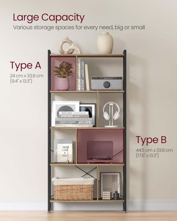 Bookshelf, Large 5-Tier Bookcase, Floor standing Storage Shelf, Industrial Style, Steel for Living Room - Image 4
