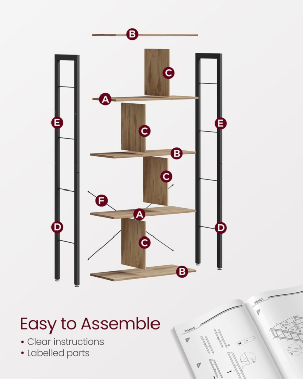 Bookshelf, Large 5-Tier Bookcase, Floor standing Storage Shelf, Industrial Style, Steel for Living Room - Image 2