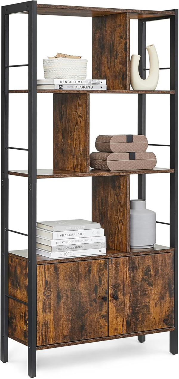 Bookshelf, Storage Shelf, Large Bookcase with Doors, 4 Shelves, Stable Steel Structure