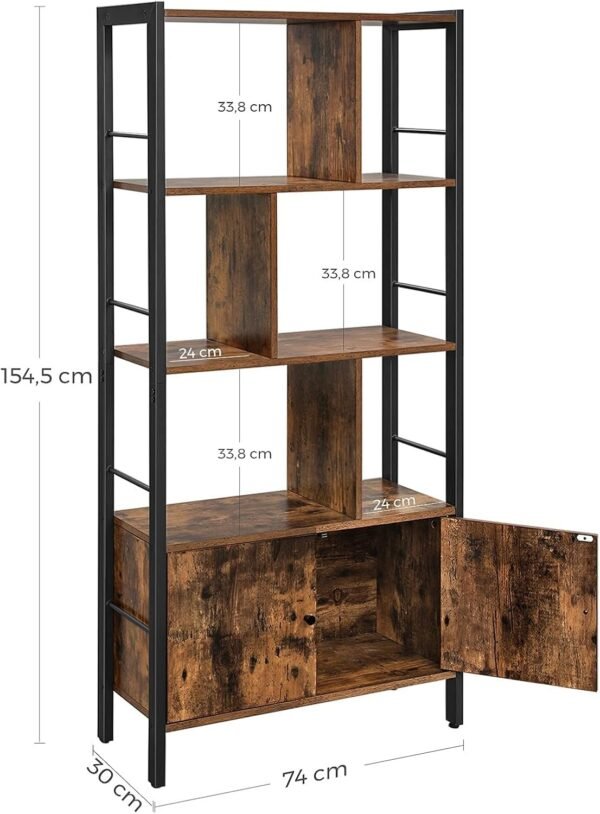 Bookshelf, Storage Shelf, Large Bookcase with Doors, 4 Shelves, Stable Steel Structure - Image 7