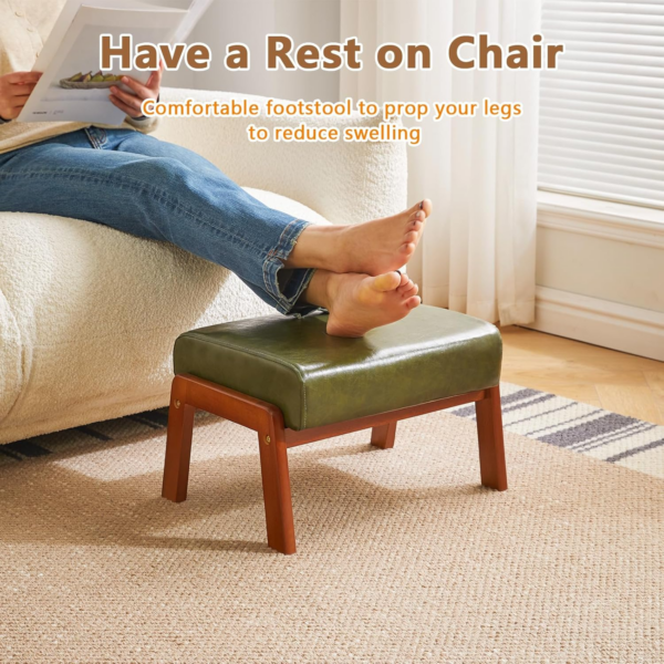 Small Foot Stool Ottoman, Rectangle PU Faux Leather Foot Rest with Padded Seat and Wood Legs - Image 5