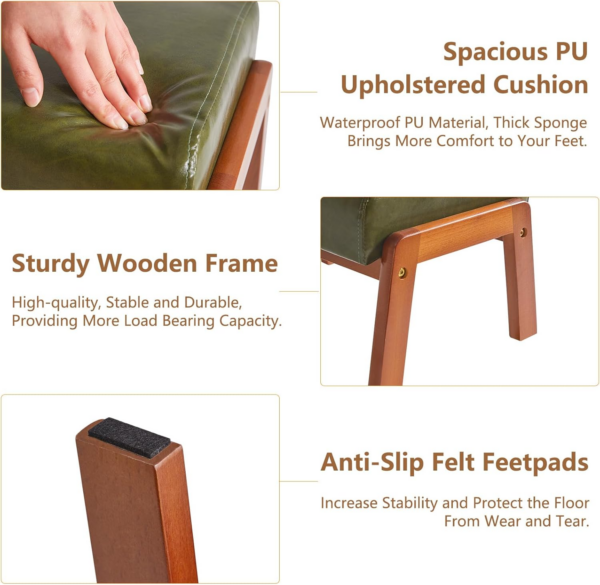 Small Foot Stool Ottoman, Rectangle PU Faux Leather Foot Rest with Padded Seat and Wood Legs - Image 4