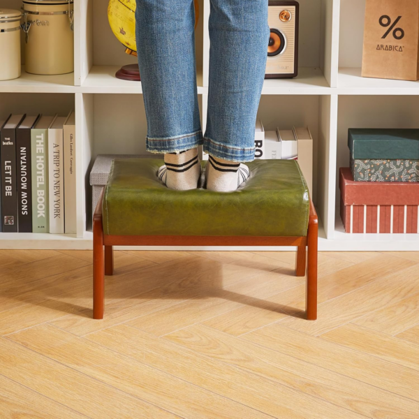 Small Foot Stool Ottoman, Rectangle PU Faux Leather Foot Rest with Padded Seat and Wood Legs - Image 3