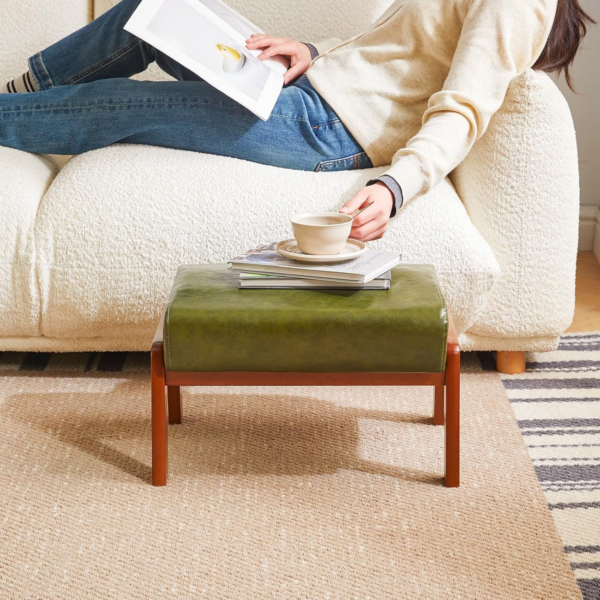 Small Foot Stool Ottoman, Rectangle PU Faux Leather Foot Rest with Padded Seat and Wood Legs - Image 2