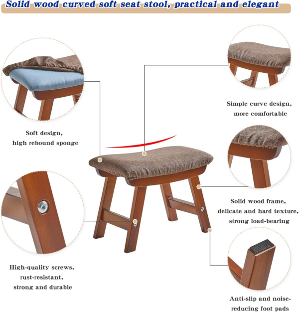 Wooden Footstool, Foot Stool Ottoman Padded Chair Stool with Removable Cover 4 Beech Legs Suitable for Bedroom - Image 5