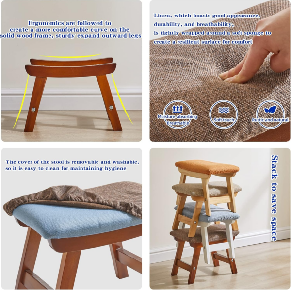 Wooden Footstool, Foot Stool Ottoman Padded Chair Stool with Removable Cover 4 Beech Legs Suitable for Bedroom - Image 4