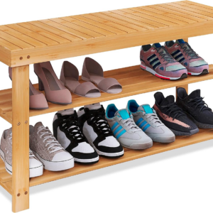 Bamboo Shoe Rack Bench, 3-Tier Shoe Organizer Storage Shelf for Entryway Hallway Bathroom Living Room (Natural)
