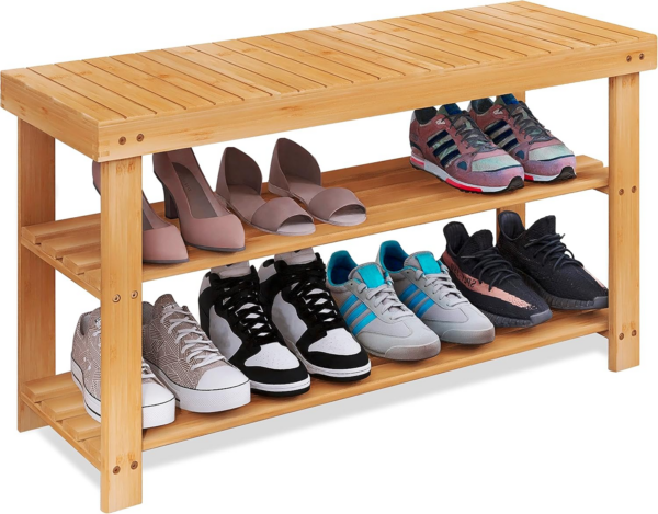 Bamboo Shoe Rack Bench, 3-Tier Shoe Organizer Storage Shelf for Entryway Hallway Bathroom Living Room (Natural)
