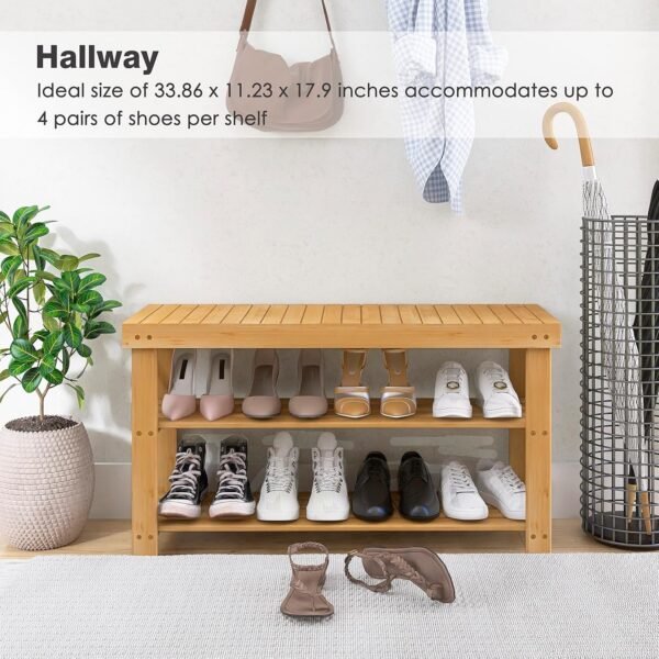 Bamboo Shoe Rack Bench, 3-Tier Shoe Organizer Storage Shelf for Entryway Hallway Bathroom Living Room (Natural) - Image 5