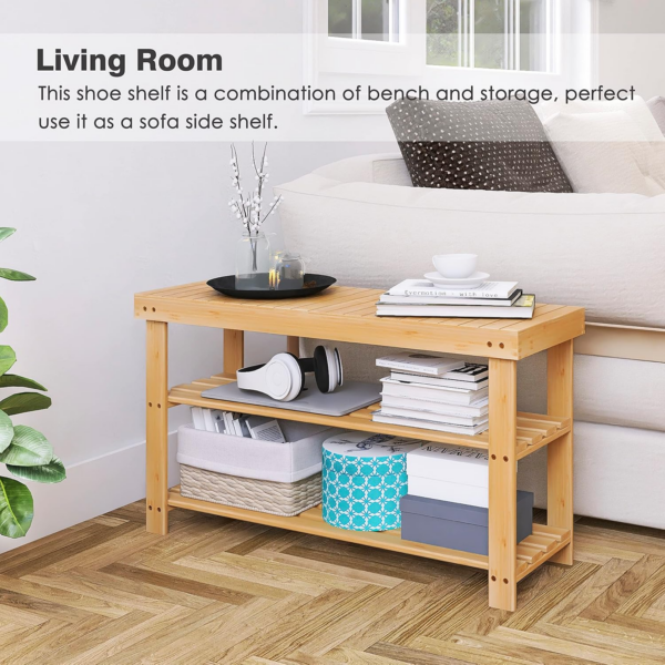 Bamboo Shoe Rack Bench, 3-Tier Shoe Organizer Storage Shelf for Entryway Hallway Bathroom Living Room (Natural) - Image 4