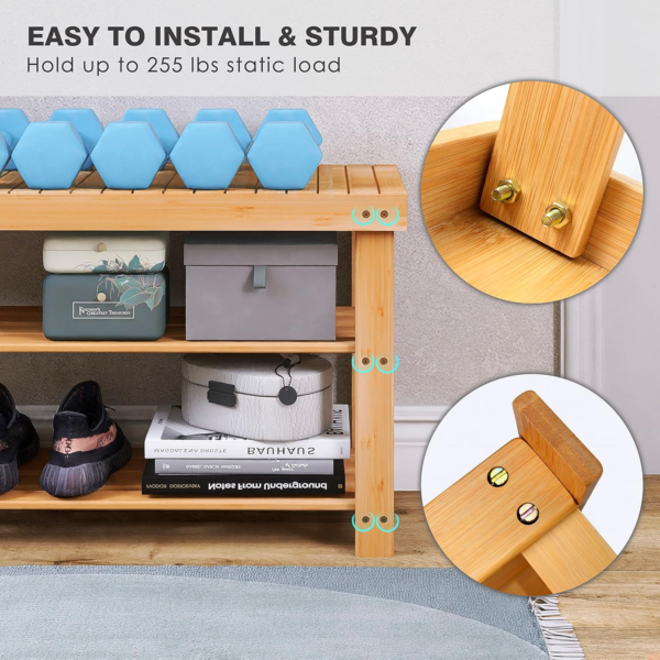 Bamboo Shoe Rack Bench, 3-Tier Shoe Organizer Storage Shelf for Entryway Hallway Bathroom Living Room (Natural) - Image 3