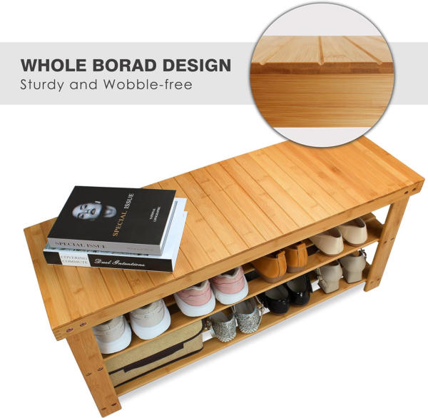 Bamboo Shoe Rack Bench, 3-Tier Shoe Organizer Storage Shelf for Entryway Hallway Bathroom Living Room (Natural) - Image 2