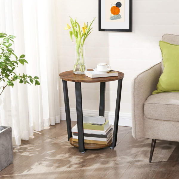Side Table Round Table with Steel Frame for Living Room Bedroom Easy Assembly Industrial Rustic Brown and Black - Image 6