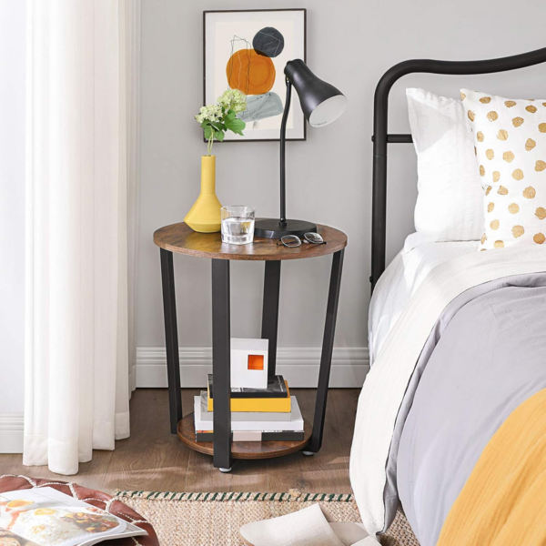 Side Table Round Table with Steel Frame for Living Room Bedroom Easy Assembly Industrial Rustic Brown and Black - Image 4