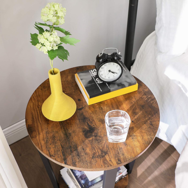 Side Table Round Table with Steel Frame for Living Room Bedroom Easy Assembly Industrial Rustic Brown and Black - Image 3