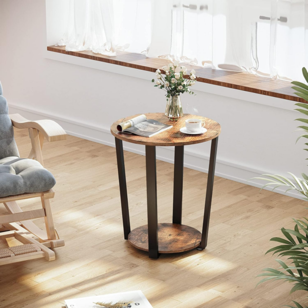 Side Table Round Table with Steel Frame for Living Room Bedroom Easy Assembly Industrial Rustic Brown and Black - Image 2