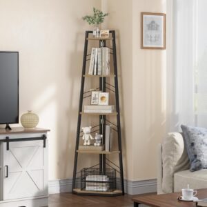 Corner Shelf 5 Tier, Industrial Corner Bookshelf Floorstanding Corner Bookcase Ladder Shelf Wooden