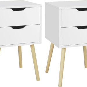 White Bedside Tables Set of 2, Wooden Nightstands with Solid Wood Legs