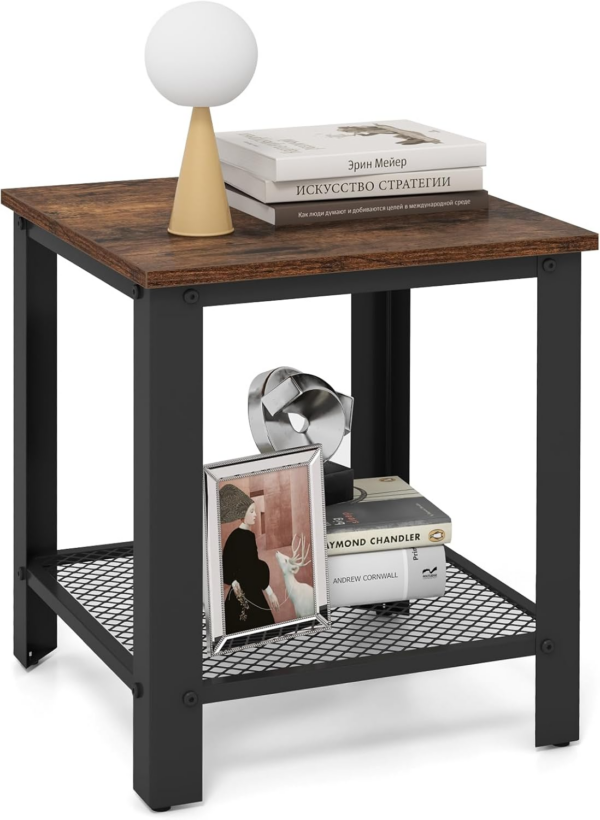 Sofa Side Table, 2-Tier Industrial Narrow Nightstand Bedside End Table with Mesh Storage Shelf - Image 7