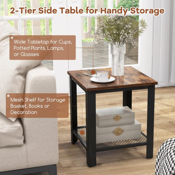 Sofa Side Table, 2-Tier Industrial Narrow Nightstand Bedside End Table with Mesh Storage Shelf - Image 5