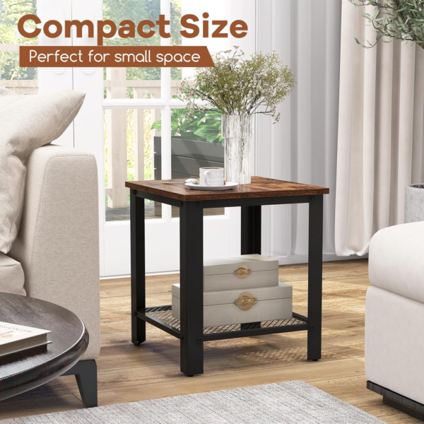 Sofa Side Table, 2-Tier Industrial Narrow Nightstand Bedside End Table with Mesh Storage Shelf - Image 4