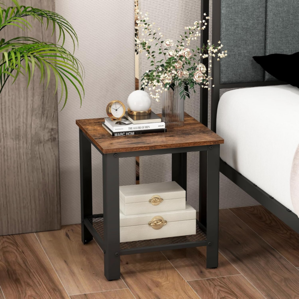 Sofa Side Table, 2-Tier Industrial Narrow Nightstand Bedside End Table with Mesh Storage Shelf - Image 3