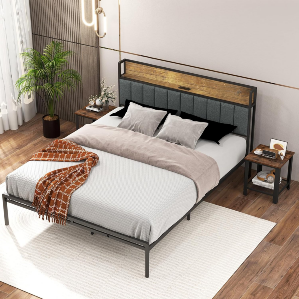 Sofa Side Table, 2-Tier Industrial Narrow Nightstand Bedside End Table with Mesh Storage Shelf - Image 2
