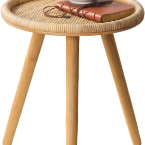 Rattan Round Side Table, Boho Circle Coffee Table End Table for Living Room