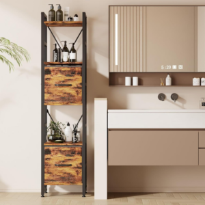 5 Tier Bookcase,Tall Narrow Bookshelf with 2PCS Fabric Drawers