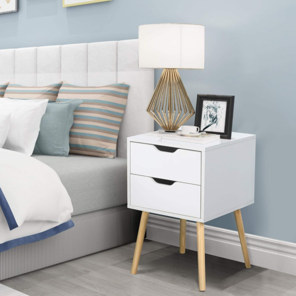 White Bedside Tables Set of 2, Wooden Nightstands with Solid Wood Legs - Image 4
