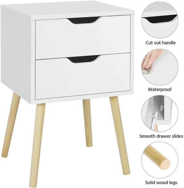 White Bedside Tables Set of 2, Wooden Nightstands with Solid Wood Legs - Image 3