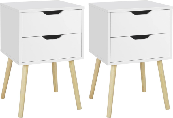 White Bedside Tables Set of 2, Wooden Nightstands with Solid Wood Legs