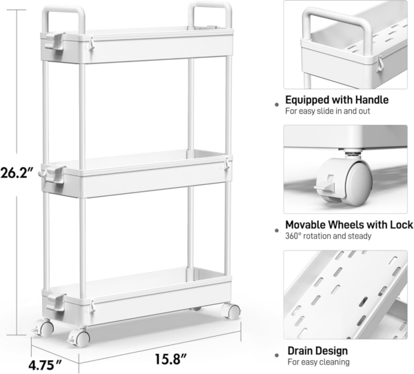 3-Tier Storage Trolley Cart Slide-out Slim Rolling Utility Cart Mobile Storage Shelving Organizer for Kitchen, Bathroom - Image 5